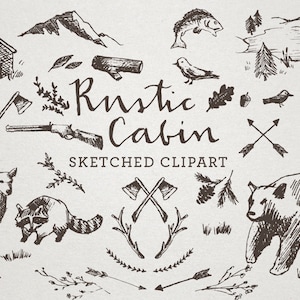 Rustikale Hütte Clipart - Skizziert ClipArt, Crosshatch Kunst, Handgezeichnet Clipart, skizzenhafte Zeichnungen, Bär Clipart, Natur Clipart, Wildnis Kunst