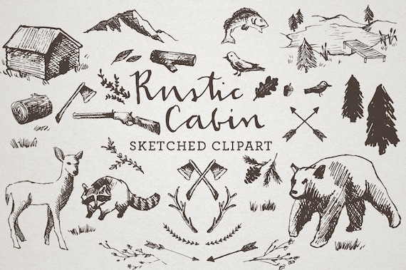 Rustic Cabin Clipart - Sketched Clip Art, Crosshatch art, Hand drawn clipart, sketchy drawings, bear clipart, nature clipart, wilderness art