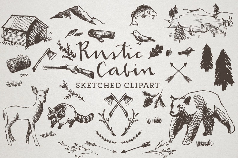 Op de afbeelding: Een set handgetekende illustraties met rustieke hut- en natuur elementen. De illustraties omvatten een hut, een hert, een wasbeer, een beer, een vis, een vogel, bomen, bijlen, pijlen en een boomstam. De illustraties zijn in zwart-wit en hebben een vintage, geschetste stijl.