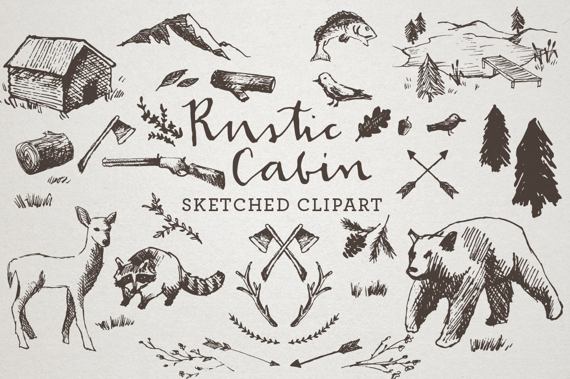 Rustic Cabin Clipart - Sketched Clip Art, Crosshatch art, Hand drawn clipart, sketchy drawings, bear clipart, nature clipart, wilderness art