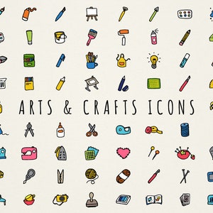 Set di clipart per icone di arti e mestieri - disegnato a mano, materiali artistici, artisti artigiani hobbisti, arte vettoriale, download immediato per uso commerciale