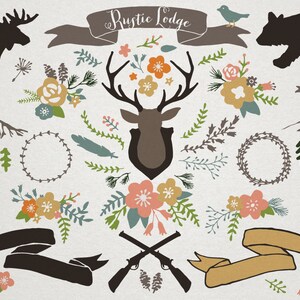 May include: A set of rustic lodge themed digital clipart featuring a moose, bear, deer head, mountains, arrows, feathers, wreaths, flowers, and banners. The text "Rustic Lodge" is included in the image.