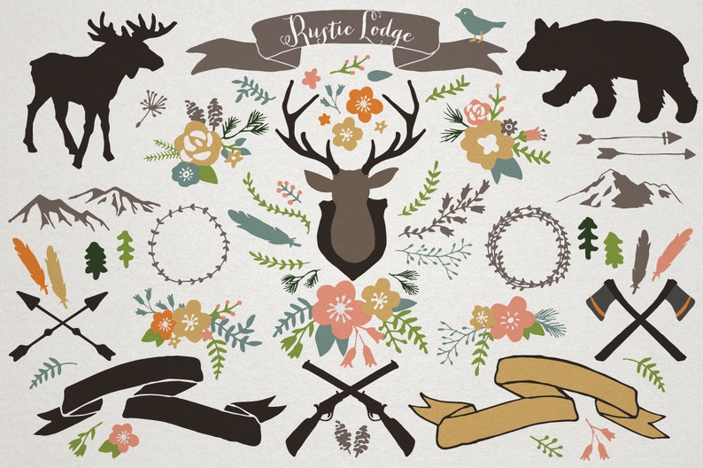 May include: A set of rustic lodge themed digital clipart featuring a moose, bear, deer head, mountains, arrows, feathers, wreaths, flowers, and banners. The text "Rustic Lodge" is included in the image.
