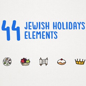May include: Illustration of 44 Jewish holiday elements, including candles, a Seder plate, a basket of fruit, a Torah scroll, a donut, a crown, and a jar of honey.