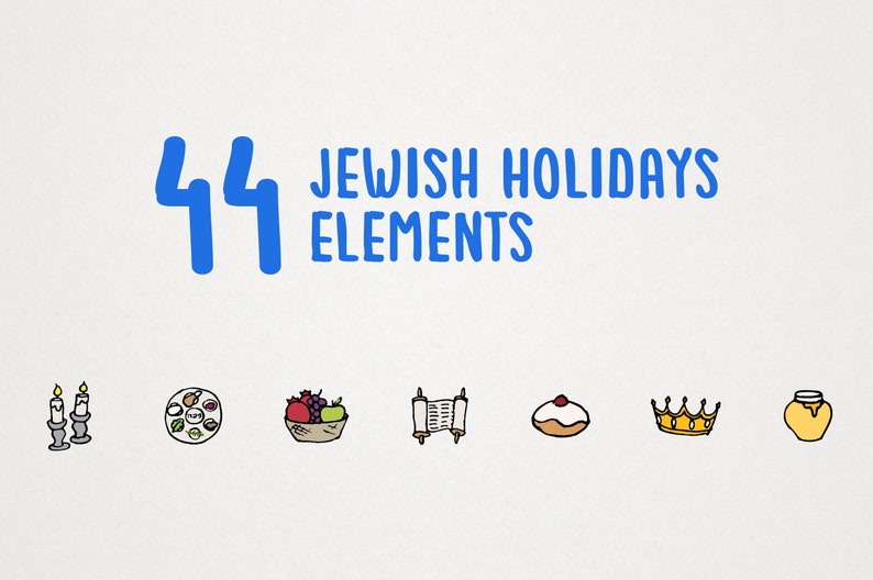 May include: Illustration of 44 Jewish holiday elements, including candles, a Seder plate, a basket of fruit, a Torah scroll, a donut, a crown, and a jar of honey.