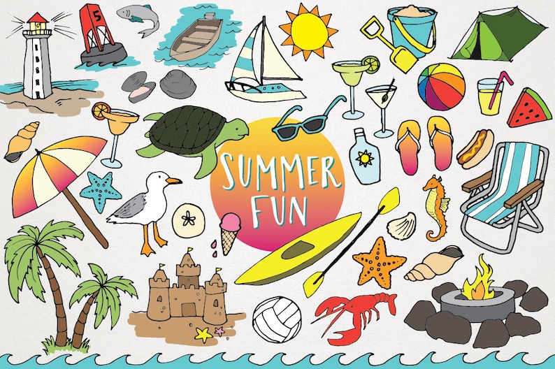 May include: A colorful illustration of summer fun with images of a lighthouse, sailboat, beach umbrella, palm trees, a sandcastle, a kayak, a volleyball, a campfire, a hot dog, a beach chair, a seahorse, a lobster, a starfish, a seashell, a turtle, a seagull, a beach ball, a glass of margarita, sunglasses, a bucket and shovel, a tent, a watermelon, a glass of juice, and an ice cream cone. The text "SUMMER FUN" is in the center of the image.