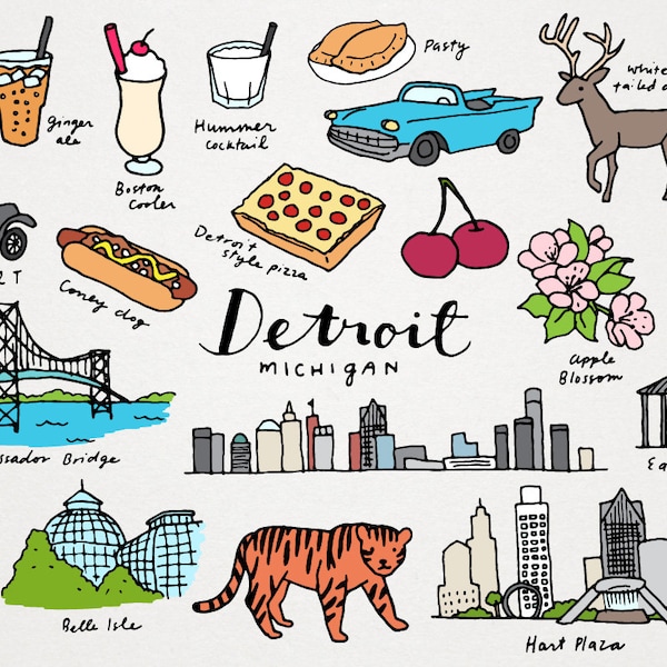 Detroit Michigan City Clipart Set - landmarks, cars, skyline, coney dog, Instant download, commercial license, US cities, digital printable