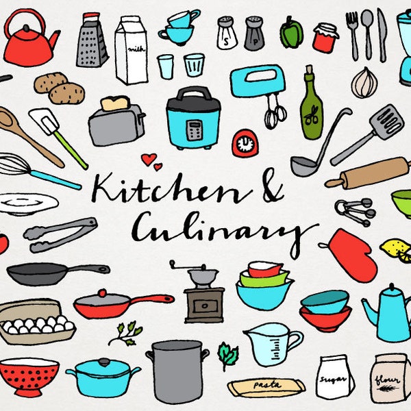 Kitchen and Culinary Clipart - chef clipart, kitchen clipart, cooking clip art, hand drawn, foodie clipart, kitchen art, food packaging art