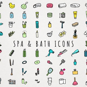 Spa & Bath Icons Clipart Set - Bathroom illustrations, self care, personal grooming, relax, sketched hand drawn clip art, printable stickers