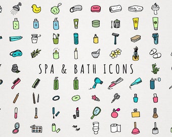 Spa & Bad Icons Clipart Set - Badezimmer Illustrationen, Selbstfürsorge, Körperpflege, Entspannung, skizzierte handgezeichnete Clip Art, druckbare Aufkleber