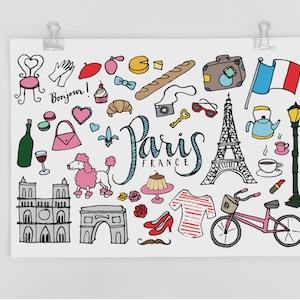 May include: A whimsical illustration of Paris, France, featuring iconic landmarks like the Eiffel Tower and Arc de Triomphe, along with a bicycle, poodle, and the French flag. The word "Bonjour" is also included.