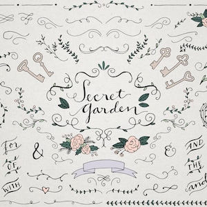 Secret Garden Wedding Clipart - Vintage Hochzeit, Ornamente und Locken, Hochzeitstypografie, Skelettschlüssel, handgezeichnete ClipArt, illustriert