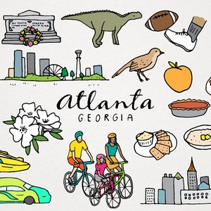 Pode incluir: Ilustração desenhada à mão de Atlanta, Geórgia, com vários ícones. Inclui um retrato, uma lápide, um dinossauro, uma bola de futebol americano, um sapato, uma roda gigante, um pássaro, uma maçã, uma torta, um prato de comida, uma igreja, flores, um caiaque, um carro, ciclistas e paisagens urbanas.