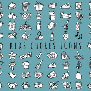 Kids Chores Icons Set [Black & White Version] - daily tasks organizer clipart, chore chart clipart hand drawn home, printable stickers, B+W