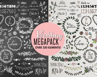 Méga pack de cliparts mariage - clipart mariage dessinés à la main, mariage tableau, clipart floral, embellissements de mariage, fleurs rustiques