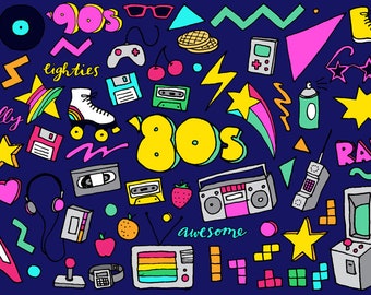 80s Clipart - Eighties clipart, hand drawn illustrations, 80's & 90s illustrations, digital download, disks cassettes gaming, party theme