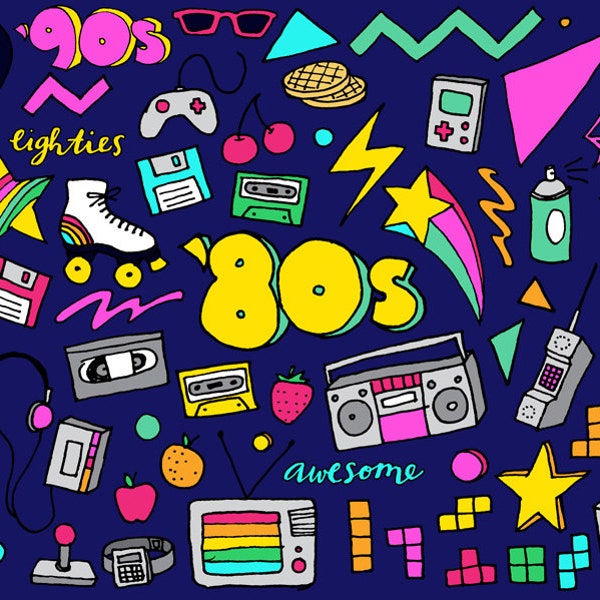 80s Clipart - Eighties clipart, hand drawn illustrations, 80's & 90s illustrations, digital download, disks cassettes gaming, party theme