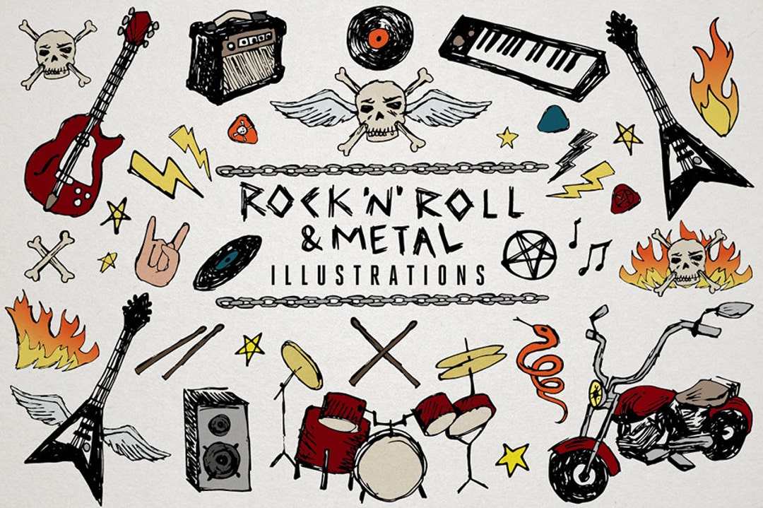 Rock 'n' Roll Clipart & Heavy Metal Music Clip Art, Sketchy Doodles, Guitar  Clipart, Drums, Motorcycle, Skulls, Keyboard, Records, Flames 