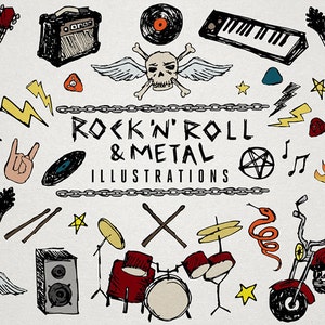 Rock 'n' Roll clipart & Heavy Metal Music Clip Art, Sketchy Doodles, gitaar clipart, drums, motorfiets, schedels, toetsenbord, platen, vlammen