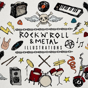 Rock 'n' Roll clipart & Heavy Metal Music Clip Art, Sketchy Doodles, guitar clipart, drums, motorcycle, skulls, keyboard, records, flames