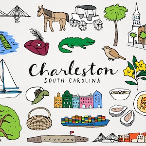 Charleston South Carolina City Clipart Set - oysters, sweet tea, sailboats, digital download, commercial license illustrations, printable