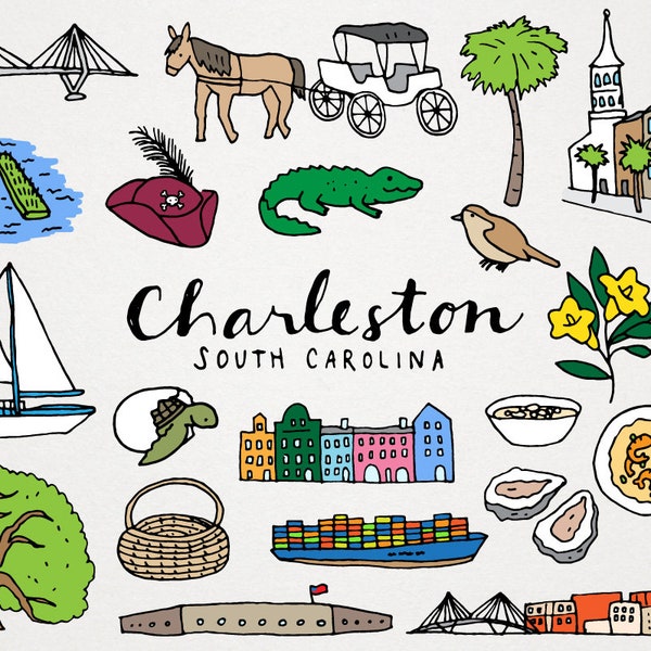 Charleston South Carolina City Clipart Set - oysters, sweet tea, sailboats, digital download, commercial license illustrations, printable