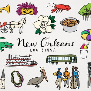 New Orleans Louisiana City Clipart Set - Instant download, commercial license, Mardi Gras, French quarter, jazz, NOLA, digital printable