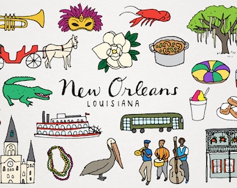 Conjunto de imágenes prediseñadas de la ciudad de Nueva Orleans, Luisiana: descarga instantánea, licencia comercial, Mardi Gras, Barrio Francés, jazz, NOLA, imprimible digitalmente.