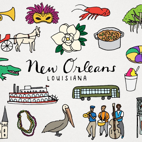 New Orleans Louisiana City Clipart Set - Descarga instantánea, licencia comercial, Mardi Gras, barrio francés, jazz, NOLA, imprimible digital