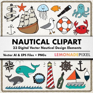 Nautical Clipart - Hand Drawn clip art, nautical doodles, digital collage sheet, boat clipart, whale clipart, ship clipart, sea life vectors