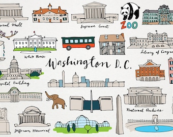 Washington DC Clipart - monuments clipart, city clipart, hand drawn clipart, American Cities, Capitol Building, Library of Congress, Skyline