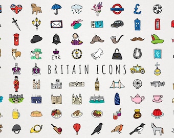 Britain and Queen Elizabeth II Icons Clipart Set - hand drawn clip art, UK icons, London illustration, England travel, the royal family