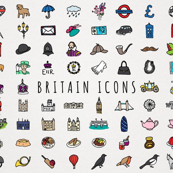 Britain and Queen Elizabeth II Icons Clipart Set - hand drawn clip art, UK icons, London illustration, England travel, the royal family