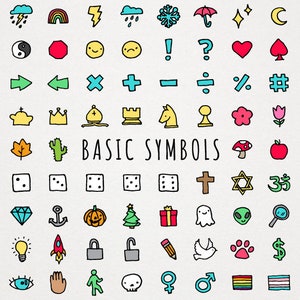 May include: A collection of hand-drawn, colorful basic symbols on a textured background. The image includes weather icons, mathematical symbols, shapes, and various other doodles. The text "BASIC SYMBOLS" is written in a handwritten font.