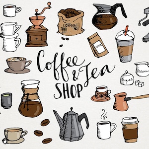 Coffee & Tea Clip Art - clipart desenhado à mão, hachura cruzada esboçada, clipart de cafeteria, arte de scrapbooking de café, clipart de casa de chá, menu de café