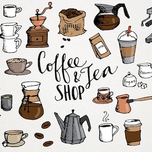 Coffee & Tea Clip Art - hand drawn clipart, cross hatch sketched, coffee shop clipart, coffee scrapbooking art, tea house clipart, cafe menu