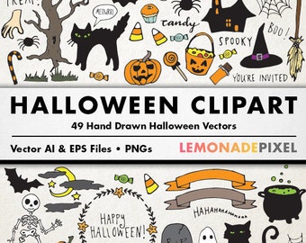 Halloween Clipart - hand drawn clip art, halloween party, halloween decorations, printable halloween, black cat art, happy halloween