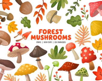 Mushrooms Watercolor Clipart Set - fungi illustration, forest clip art, botanical elements, fall foliage, woodland plants, foraging shrooms