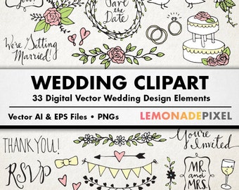 Clipart de boda: imágenes prediseñadas dibujadas a mano, elementos rústicos de boda, arte de boda, descarga digital, floral, champán, vectores, boda, pastel