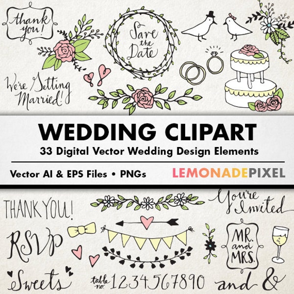 Wedding Clipart - Hand drawn clip art, rustic wedding elements, wedding art, digital download, floral, champagne, vectors, wedding, cake