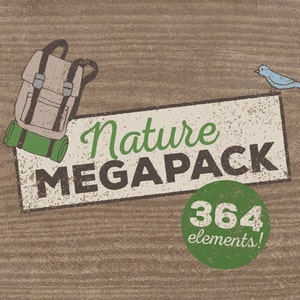 May include: A vintage-style illustration of a green backpack, a sleeping bag, and a blue bird on a wooden background. The text "Nature MEGAPACK 364 elements!" is displayed on a white banner.