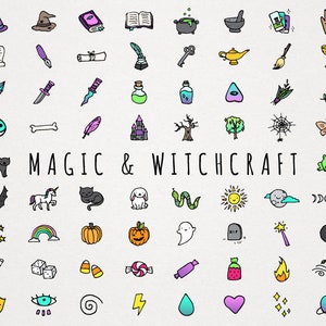 Magie & Hekserij Icons Clipart Set - magische halloween-illustraties, geschetste handgetekende illustraties, afdrukbare stickers downloaden diy