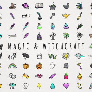 Magic & Witchcraft Icons Clipart Set - halloween magical illustrations, sketched hand drawn clip art, printable stickers download diy