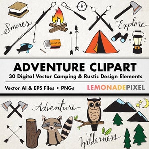 Adventure & Camping Clipart  - Rustic Drawings, Hand Drawn Clipart, Woodland clipart, tent mountain owl, wilderness clipart, digital collage