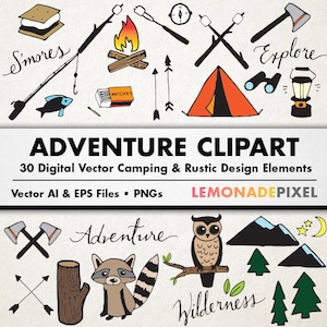 Adventure & Camping Clipart  - Rustic Drawings, Hand Drawn Clipart, Woodland clipart, tent mountain owl, wilderness clipart, digital collage