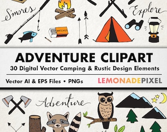 Adventure & Camping Clipart  - Rustic Drawings, Hand Drawn Clipart, Woodland clipart, tent mountain owl, wilderness clipart, digital collage