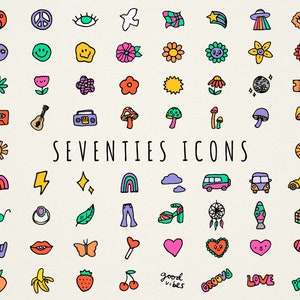 Seventies Icons Clipart Set - 70s clipart, psychedelic icons, hand drawn digital art, retro vibes, flowers hippie art, groovy clip art, png