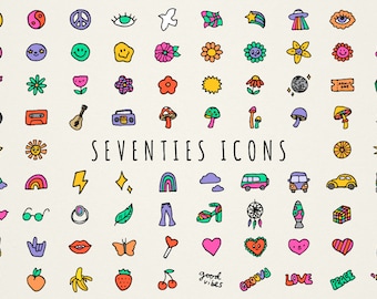 Seventies Icons Clipart Set - 70s clipart, psychedelic icons, hand drawn digital art, retro vibes, flowers hippie art, groovy clip art, png
