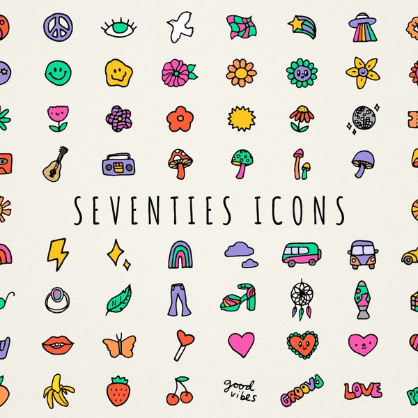 Seventies Icons Clipart Set - 70s clipart, psychedelic icons, hand drawn digital art, retro vibes, flowers hippie art, groovy clip art, png