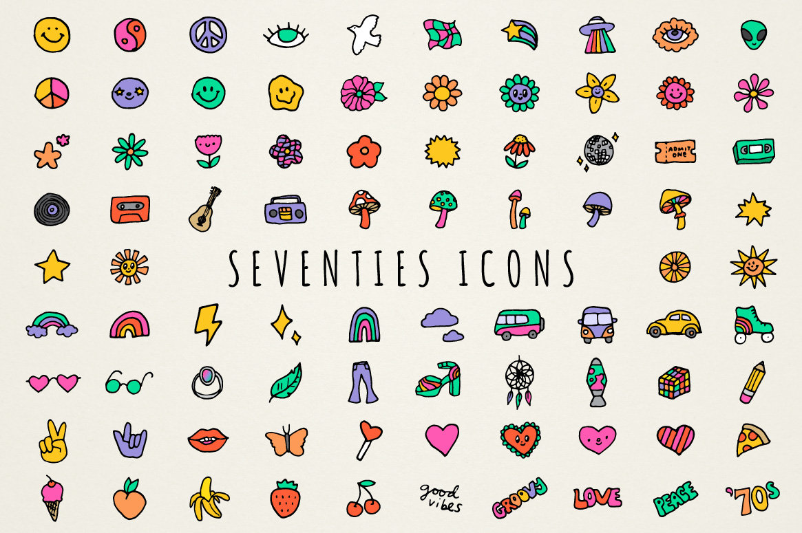 Seventies Icons Clipart Set - 70s Clipart, Psychedelic Icons, Hand